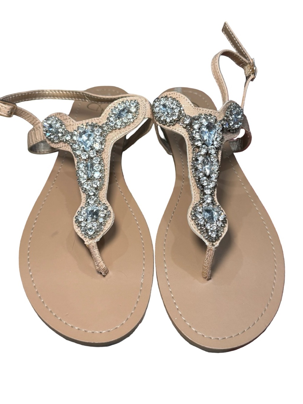 🥥🪩 Jessica Simpson Tan with Diamond Bling Crystal T-Strap Sandals with Strap 🪩🥥